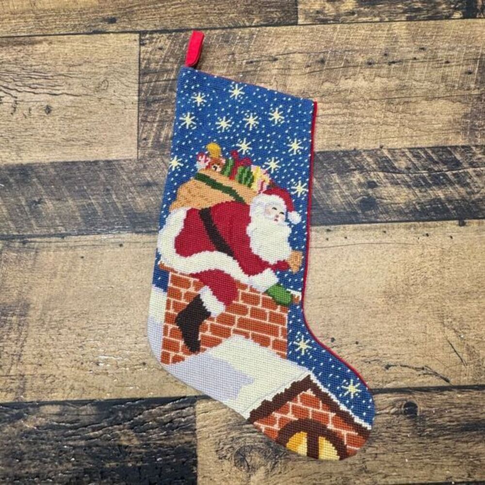 Handmade Needlepoint Christmas Stocking‎ Santa Chimney Scene Holiday Decor
